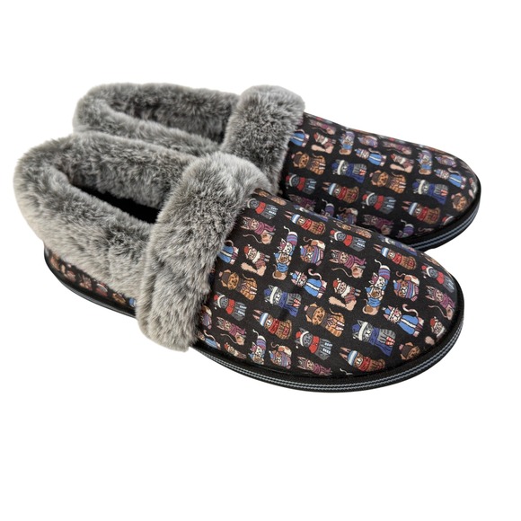 BOBS Skechers Too Cozy Faux Fur Snuggle Cat Print Slippers Sz 10 Memory Foam EUC - Picture 1 of 11